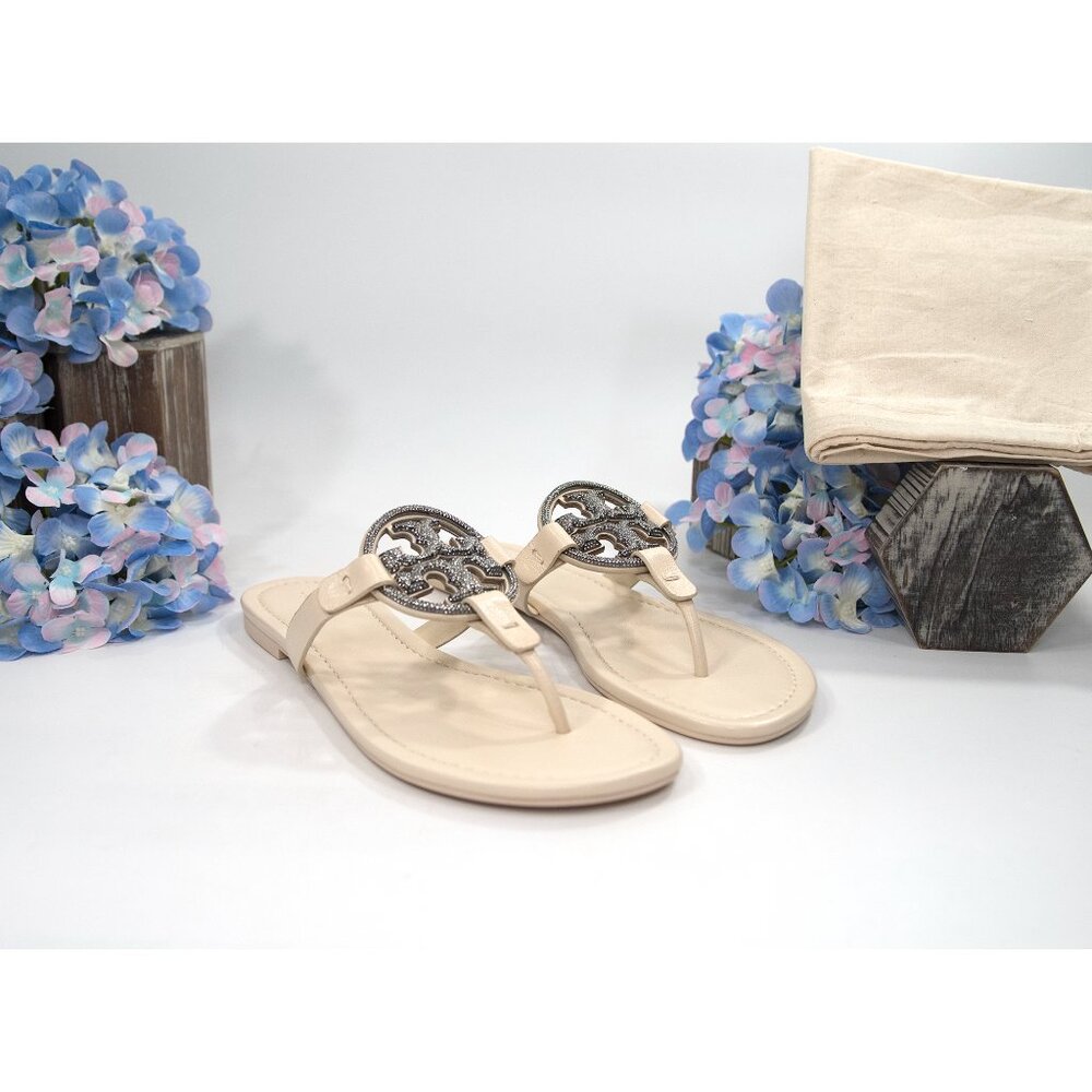 Tory Burch Miller New Cream Pave Crystal Logo Leather Flat Sandals 8.5